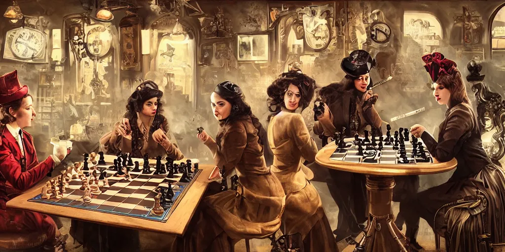 Prompt: Women playing chess at the steampunk pub, Quentin Tarantino movie posters, smoking cigarettes, Darek Zabrocki, Karlkka, Jayison Devadas, Phuoc Quan, trending on Artstation, 8K, ultra wide angle, pincushion lens effect.