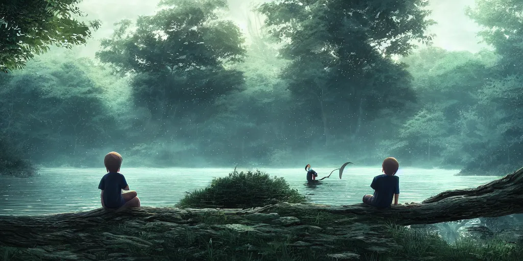 Image similar to a big silver dragon and a boy sitting next to lake in forest, many fireflys, at night, concept art, dof, cryengine, digital art, detailed background, makoto shinkai