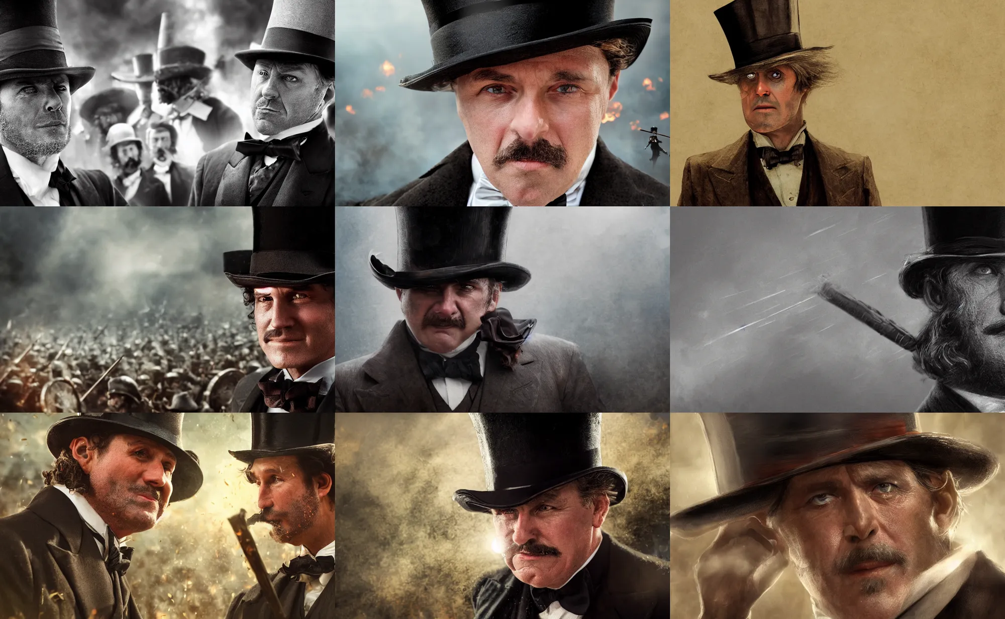 Prompt: cinematic close up artwork of middle aged spiffing gentleman with a top hat fighting in the heat of battle against an army of medieval warriors by greg rutowski, 4 k, fantasy, masterpiece