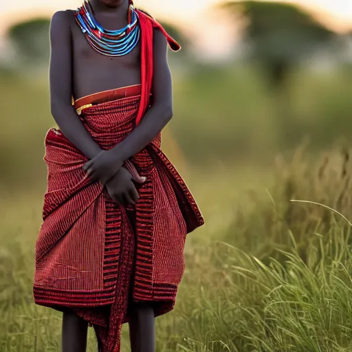 Image similar to a maasai girl standing in the savanna during a sunset