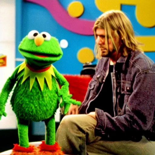 Prompt: Kurt Cobain at Sesame Street with Big Bird, Elmo and Kermit The Frog, studio lights, sharp detail