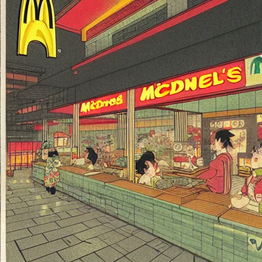 Image similar to A McDonalds at night, by Tsukioka Yoshitoshi