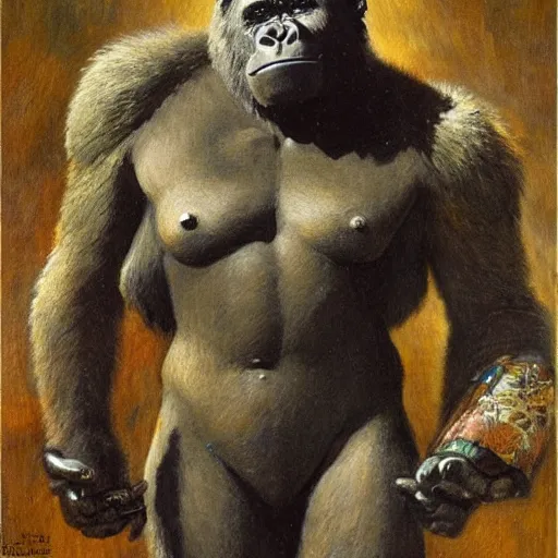 Prompt: highley detailed potrait of an anatomically correct gorilla mecha, painting by gaston bussiere, craig mullins, j. c. leyendecker, lights, art by ernst haeckel, john william godward, hammershøi,