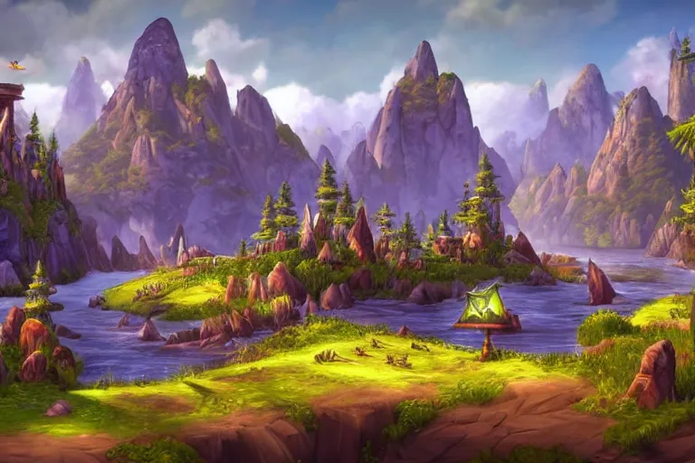 Prompt: world of warcraft environment with trees and a huge stage in the center and birds flying, rocky mountains and a river, birds flying, in the air,beautiful, concept