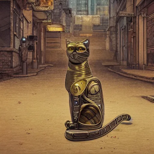 Image similar to gold and silver tones, cybernetic cat in a deserted town, style of moebius, james jean, rutkowski, cinematic, high detail, award winning, 8 k photorealistic