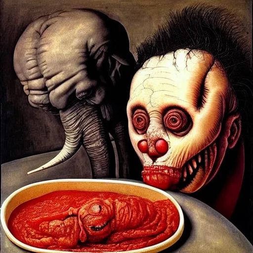 Image similar to a boy like eraserhead and elephant man sitting in a tub full of tomato sauce, looking straight into camera, screaming in pain, by giuseppe arcimboldo and ambrosius benson, renaissance, fruit, intricate and intense oil paint, a touch of beksinski and hr giger, realistic