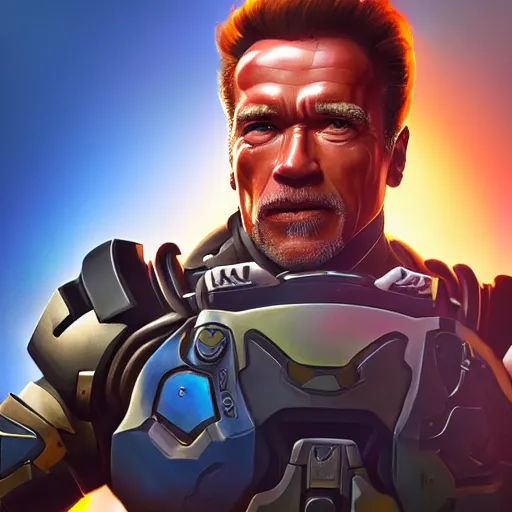 Image similar to a screenshot of arnold schwarzenegger as echo in overwatch, portrait, fantasy, beautiful face, vivid colors, elegant, concept art, sharp focus, digital art, hyper - realistic, 4 k, unreal engine, highly detailed, hd, dramatic lighting by brom, trending on artstation