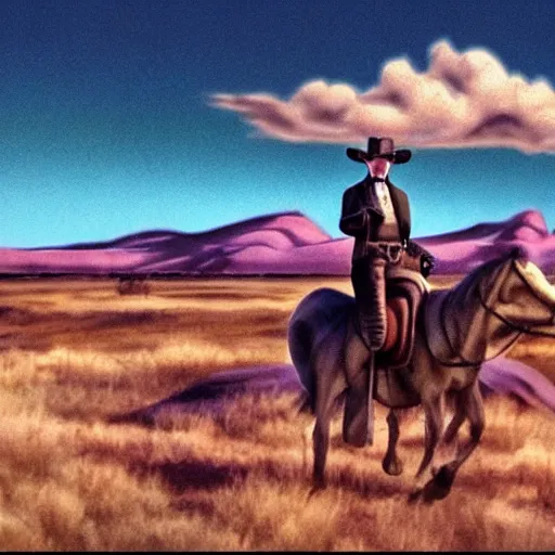 Prompt: screengrab of cowboy on the range, beautiful New Mexico landscape, Art Deco, pulp noir, dark deco, animated series, by Eric Radomski