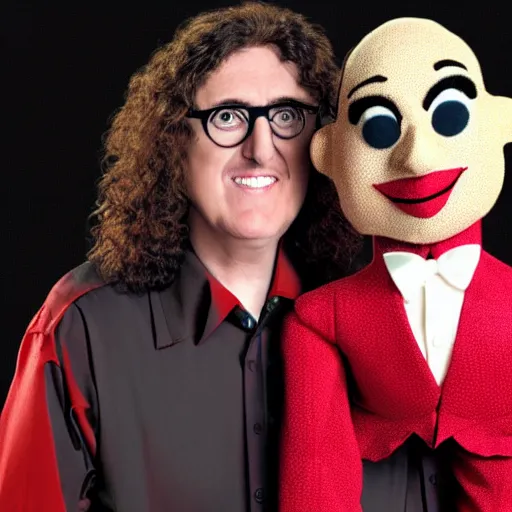 Prompt: weird al with a ventriloquist puppet of himself