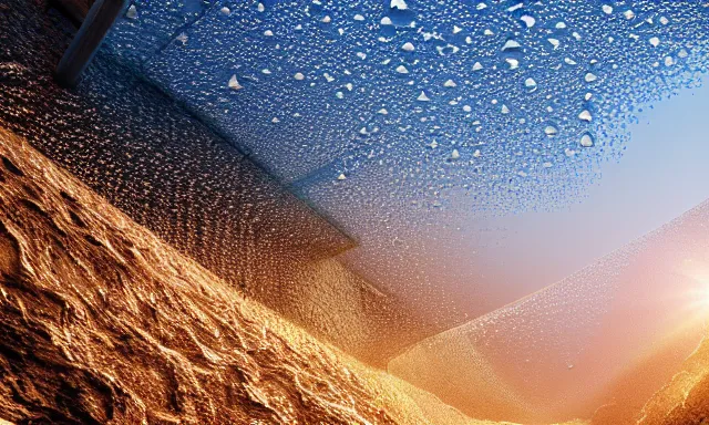 Image similar to beautiful photograph of a vertical tunnel made of raindrops in the blue sky, between a dried up river and the sun, highly-detailed, fantastic, dramatic lighting, artstation, 4k