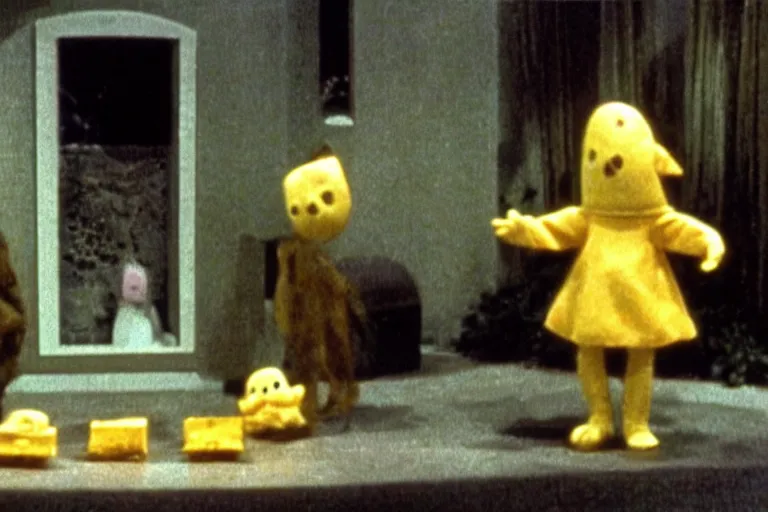 Prompt: still frame from a surreal 1979 children's tv show with molten statue baby, ghost cats, and a sad cheese puppet