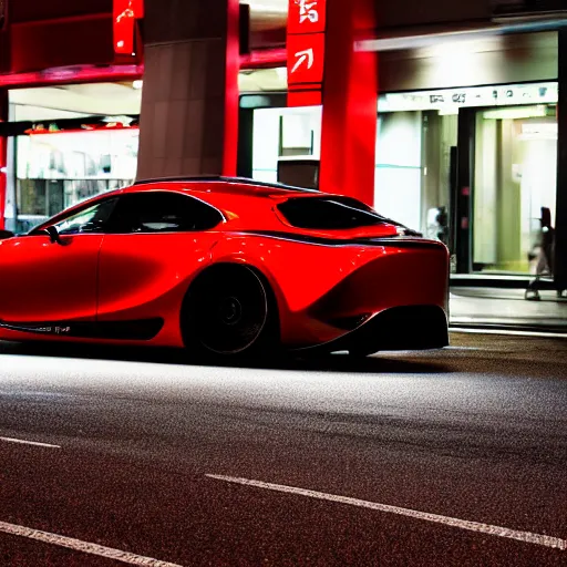 Image similar to RX-Vision soul red concept car ikuo maeda mazda RX-9 driving in Tokyo at night beautiful 35mm photo