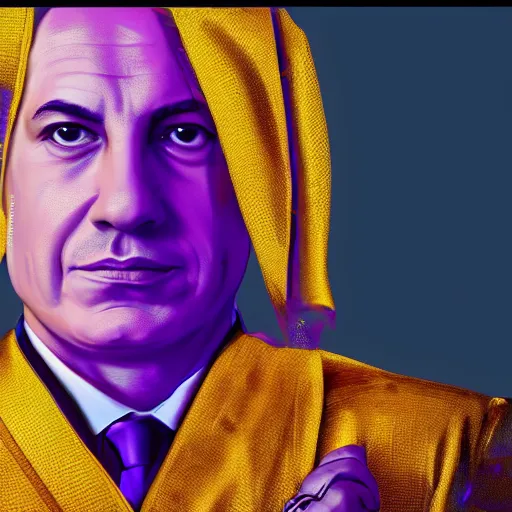 Prompt: breathtaking symmetrical portrait of benjamin netanyahu wearing golden otherworldly purple jewels and a white robe, studio lighting, dynamic lighting, sharp, 4 k, trending on artstation