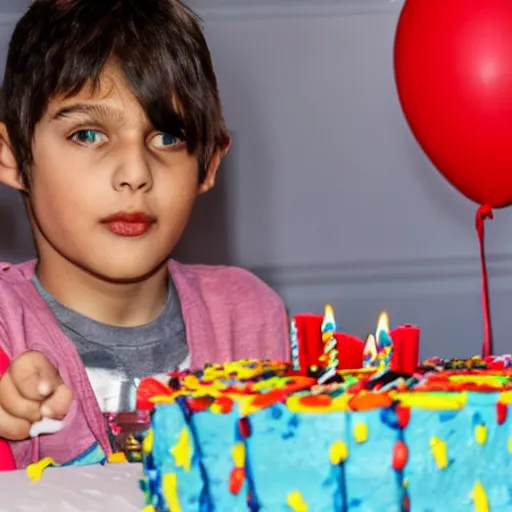 Image similar to a 7 year old blowing out the candles on his birthday cake