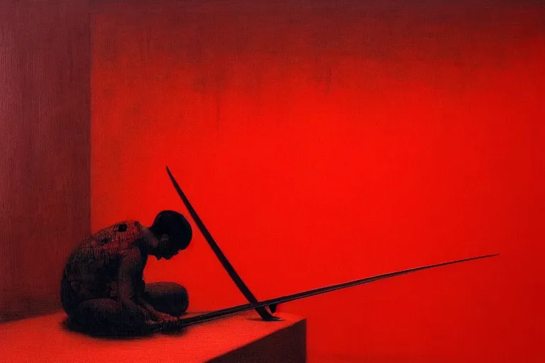 Image similar to only with red, a red samurai do seppuku, tokio, a lot of frogs watch, in the style of beksinski, parts by edward hopper, parts by rodcenko, parts by yue minjun, intricate and epic composition, red by caravaggio, insanely quality, highly detailed, masterpiece, red light, artstation, 4 k