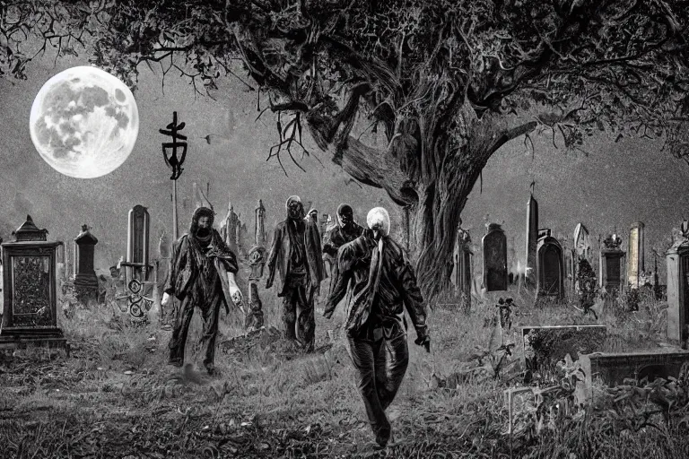 Prompt: dead anarchist walking through a cemetery, middle finger, pirate flag sticking out of his pocket, leather coat, dark night, full moon, crowd of zombies and walking deads around, crows on the oak tree, highly detailed digital art, photorealistic