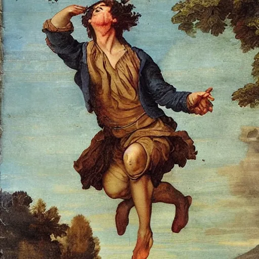 Prompt: detailed by pietro da cortona, by art fitzpatrick, by kelly freas pride & prejudice. body art. a man with a large head & a small body is floating in the air, his arms & legs flailing. his clothes are tattered & he has a wild look in his eyes.
