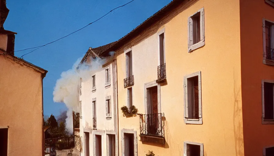 Image similar to 1 9 7 0 s movie still of a burning french style townhouse in a small french village, cinestill 8 0 0 t 3 5 mm, high quality, heavy grain, high detail, texture, dramatic light, ultra wide lens, panoramic anamorphic, hyperrealistic