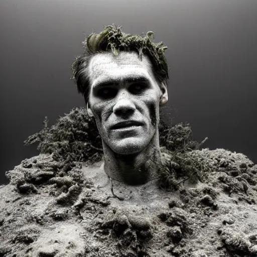 Image similar to Award-winning photograph by Mar Mann. The photo depicts a decaying roman bust of Jim Carrey overgrown with moss at the bottom of the sea in the middle of ruins of civilization. Minimalism, high definition, perfect composition. Deep sea picture. Very dark. Volumetric Lighting. Fish. Darkness. Ruins