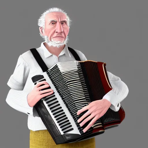 Prompt: an old man with an accordion replacing his neck, he's wearing a cylinder, a very hunched back, 4K 3D render, stylized