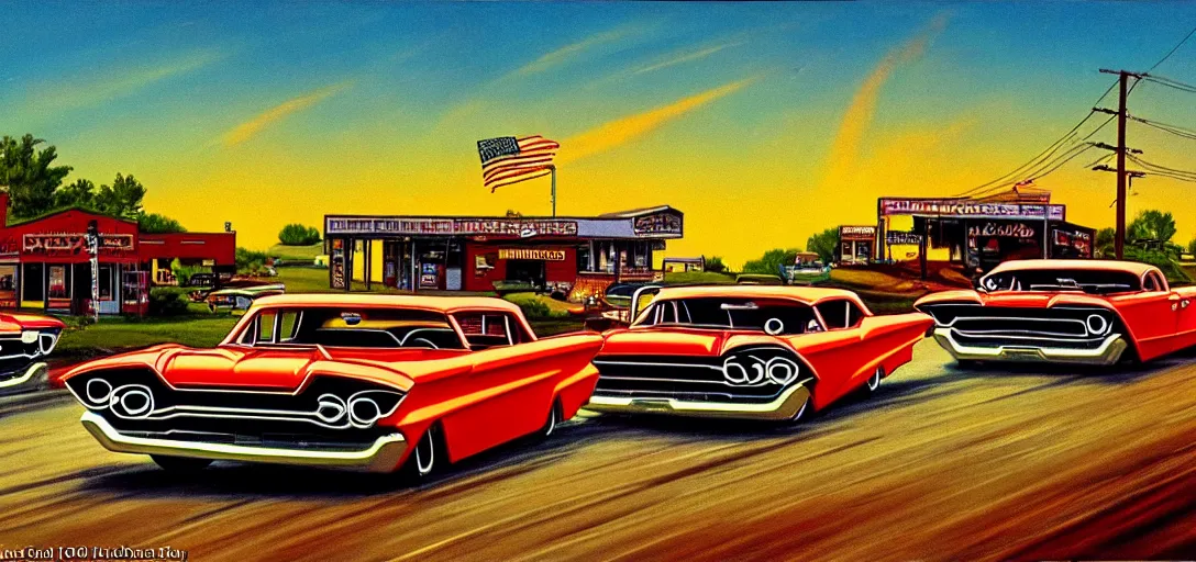 Image similar to concept art of hotrods in a small rural town in middle America in the 1960s, detailed, Americana, golden hour