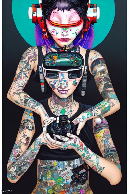 Prompt: full view, from a distance, of anthropomorphic trashcan who is cyberpunk girl with tattoos playing video games, style of yoshii chie and hikari shimoda and martine johanna, highly detailed