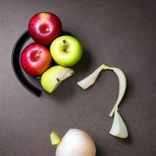 Image similar to weighing scale with one apple in one side and one onion in the other