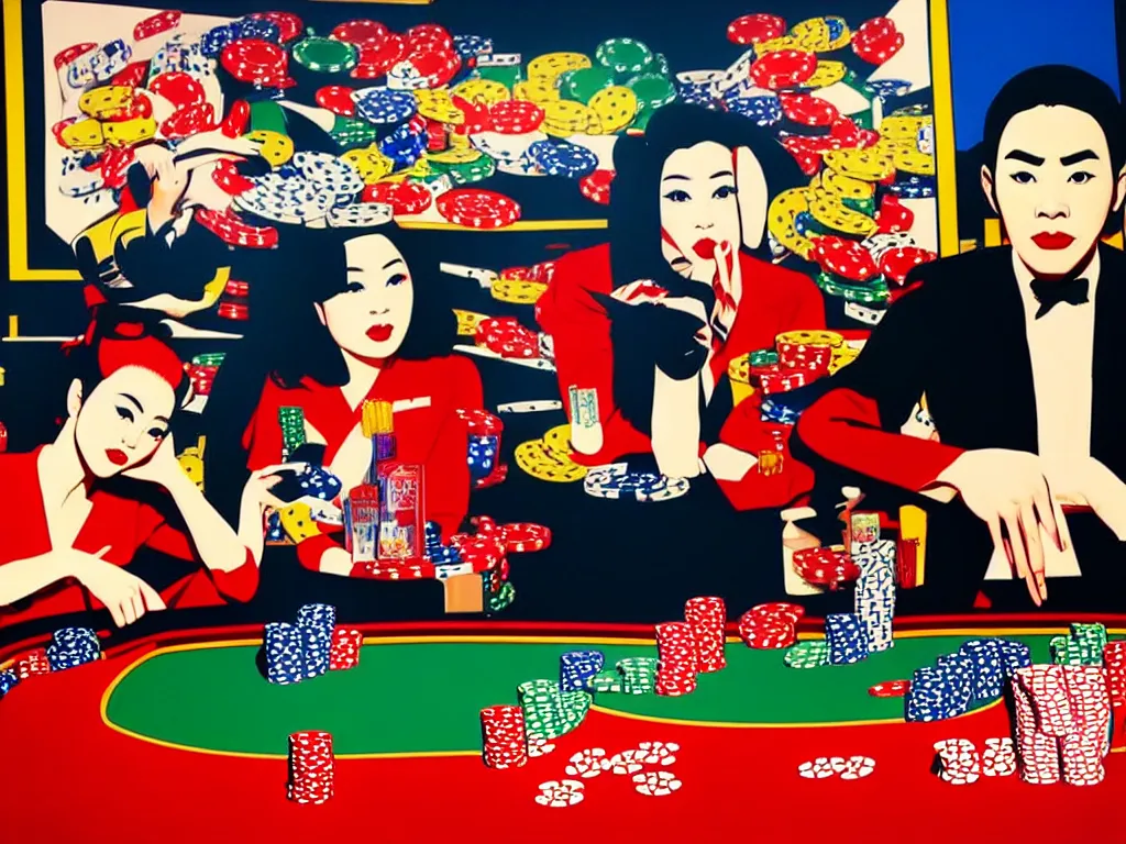 Image similar to hyper - realistic composition of a room in a casino with an extremely detailed poker table, croupier in traditional japanese kimono standing nearby fireworks in the background, pop art style, jackie tsai style, andy warhol style, acrylic on canvas