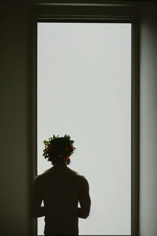 Image similar to kodak portra 1 6 0 photograph of a skinny guy standing in a spaceship, flower crown, back view, view of earth from window, moody lighting, moody vibe, telephoto, 9 0 s vibe, blurry background, tranquil, calm, faded!,