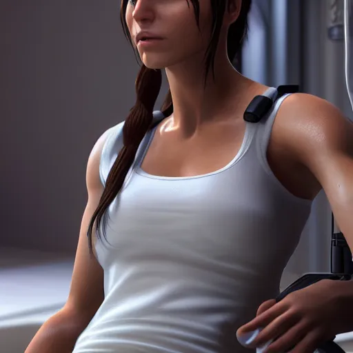 Image similar to lara croft, wearing a nurse outfit, resting on a hospital bed, real photo, hospital interior, intricate, soft lighting, cinematic composition, hyper realistic, 8k resolution, unreal engine 5