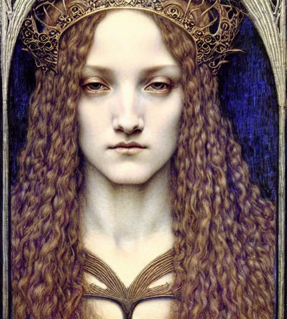 Image similar to detailed realistic beautiful young medieval queen face portrait by jean delville, gustave dore and marco mazzoni, art nouveau, symbolist, visionary, gothic, pre - raphaelite. horizontal symmetry