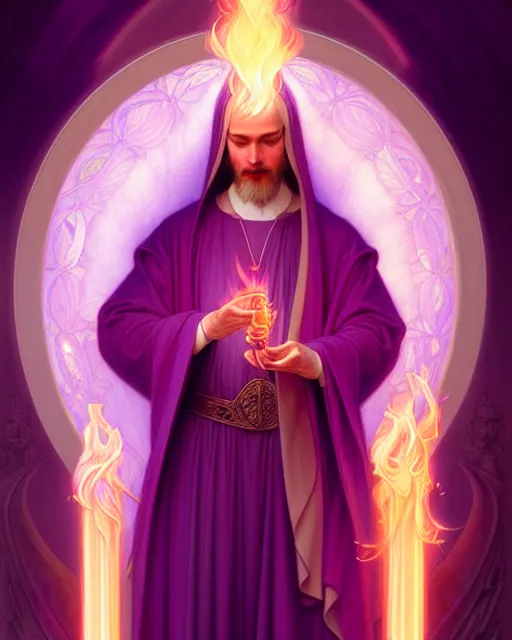 Prompt: portrait of saint germain holding a violet colored flame, purple fire, intricate, elegant, highly detailed, digital painting, artstation, concept art, smooth, sharp focus, illustration, art by artgerm and greg rutkowski and fra angelico and alphons mucha