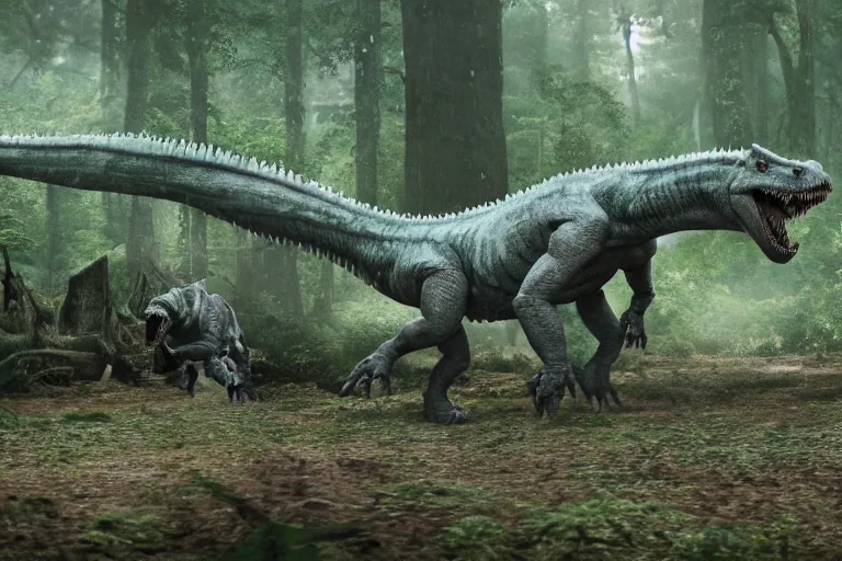 Image similar to indominus rex attacking soldiers in rainy forest