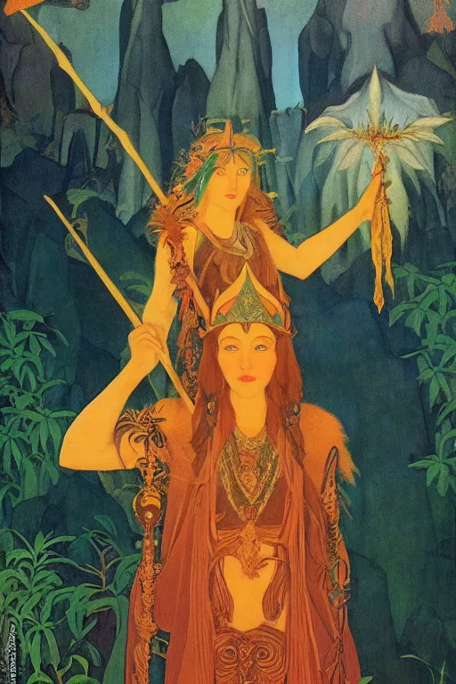 Image similar to lost queen of the forest with her scepter, by Nicholas Roerich and jean delville and Maxfield Parrish, dramatic cinematic lighting , ornate headdress , lost civilizations, extremely detailed