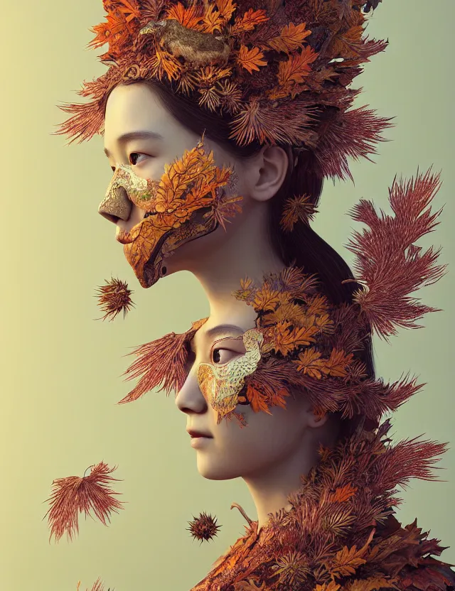 Prompt: 3 d goddess close - up profile portrait of young girl wearing a beautiful intricately detailed japanese autumn mask, fall leaves, thistles, phoenix, dried plants, foxes, wind, creature, artwork by tooth wu and wlop and beeple and greg rutkowski