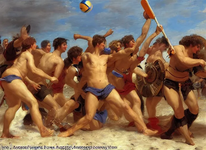 Prompt: the roman legion in full armor playing volleyball at the beach by vladimir volegov and alexander averin and pierre auguste cot and delphin enjolras