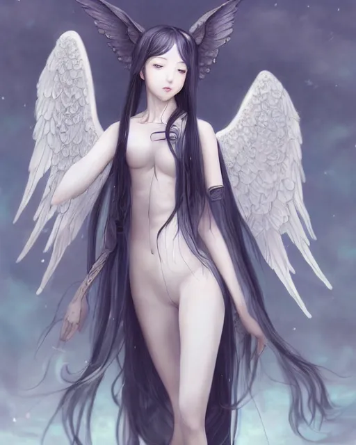 Image similar to range murata, an infinitely detailed portrait of a frail and pale female peace angel elegantly. fully - clothed full - body, beautiful! scenery art!! coherent! by wlop & murata range, victorian armor trim, cold color palette, artstation / pixiv!! elegantly armored angel portrait full - body, dreamy art