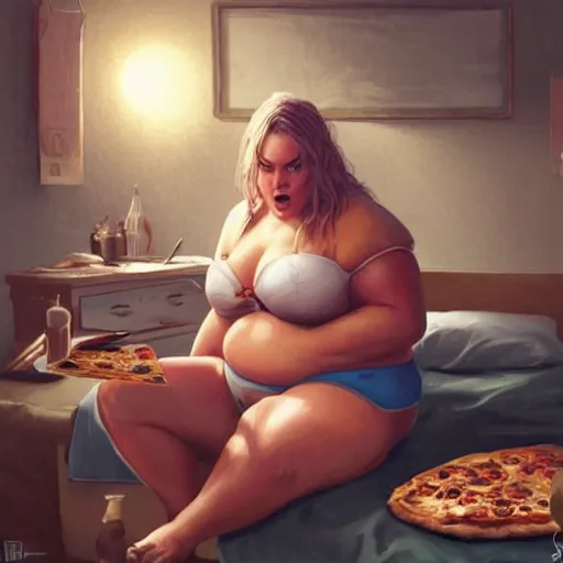 Image similar to a very fat margot robbie sitting in a messy room and burping because she ate too much pizza and junk food, fantasy art, illustration, amazing detail, in the style of greg rutkowski, artgerm, cgsociety