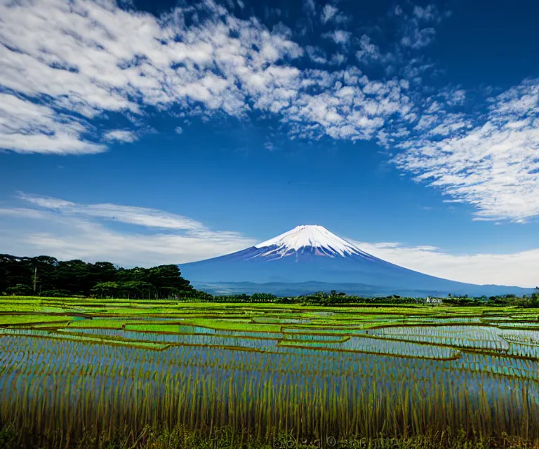 Image similar to a photo of mount fuji, japanese landscape, rice paddies, beautiful sky, seen from a window of a train.