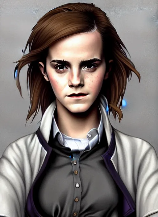 Image similar to portrait of Emma Watson wearing a hogwarts school outfit as a character from Cyberpunk 2077, looking at camera, intricate, elegant, sci-fi, extremely detailed, digital painting, artstation, concept art, smooth, sharp focus, illustration, ambient lighting, incredible art by artgerm and greg rutkowski and alphonse mucha and simon stalenhag