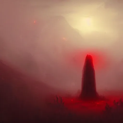 Image similar to Landscape Painting of a mysterious gigantic creature standing in thick red fog, glowing yellow eyes staring through the mist, blood dripping, horror, creepy, unsettling, artstation, cgsociety, masterpiece,