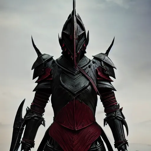 Image similar to hyperrealistic mixed media image of black red daedra armor from skyrim, stunning 3 d render inspired art by greg rutkowski and xiang duan and thomas eakes, perfect facial symmetry, flesh texture, realistic, highly detailed attributes and atmosphere, dim volumetric cinematic lighting, 8 k octane detailed render, post - processing, masterpiece,