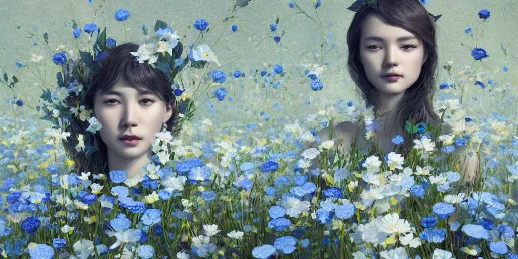 Prompt: goddess of nemophila flowers portrait, amalgamation of leaves and flowers, orthodox saint, beautiful raking sunlight, nemophila flowers, no hands. intricate artwork by Hsiao-Ron Cheng. octane render, trending on artstation, greg rutkowski. cinematic, hyper realism, high detail, octane render, 8k