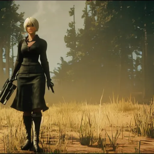 Image similar to Film still of 2B nier automata from Red Dead Redemption 2 (2018 video game)