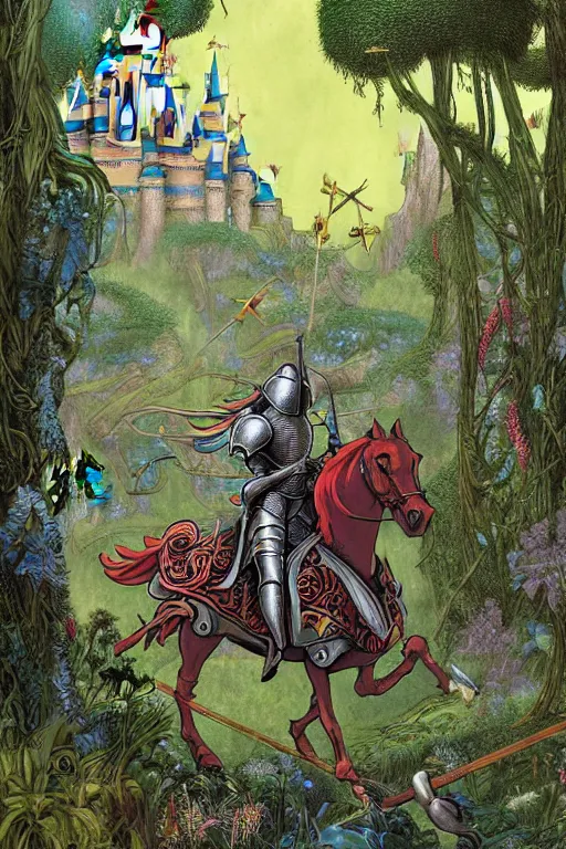 Image similar to medieval knight riding a horse in a magic kingdom overgrown by moss and plants, shiny armor, enchanted forest with flying faires, wizards and magic mushrooms in the background, illustrated by james jean, very detailed and colorful, comicbook cover