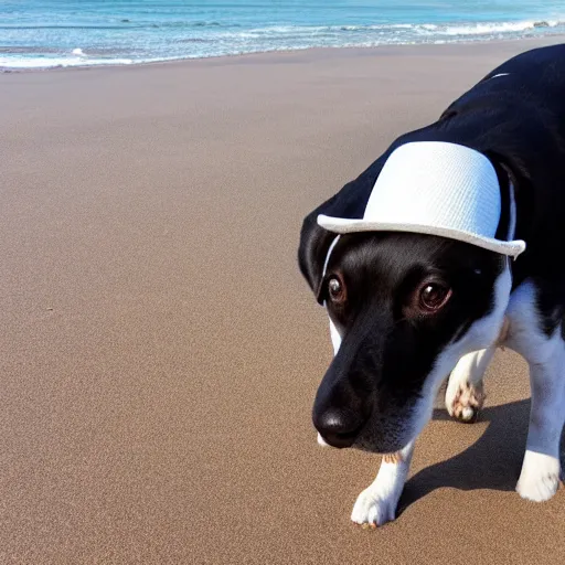 Prompt: Dog with white hat on the beach having a picknick