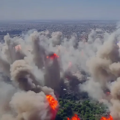 Prompt: aerial photo of one million people fighting against military in a large city, explosions can be seen, war