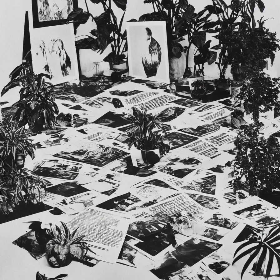 Prompt: A black and white photography of an exhibition space with objects of Sun Ra, Marcel Duchamp and tropical plants, 60s, offset lithography print, newspaper, detail, nature morte