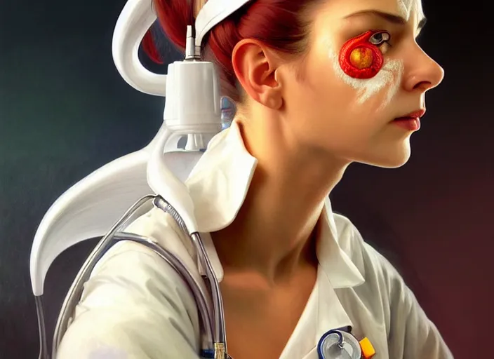 Image similar to a pepper wearing a white doctor's uniform, diffuse lighting, fantasy, hospital background, intricate, elegant, highly detailed, lifelike, photorealistic, digital painting, artstation, illustration, concept art, smooth, sharp focus, art by frank frazetta and marco bucci and loish and rossdraws and artgerm and alphonse mucha