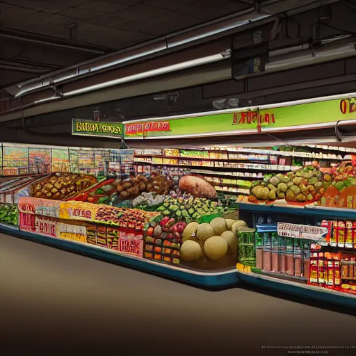 Prompt: an insanely detailed realistic depiction of pristine grocery store super market in the style of peter mohrbacher, artgerm, dramatic lighting and composition, octane render, trending on artstation, concept art 8 k